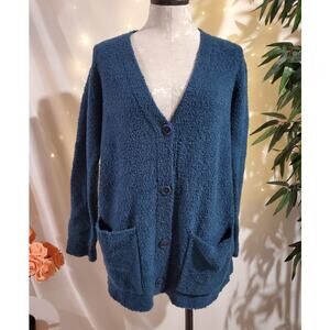 Eileen Fisher Organic Cotton Boucle Button Cardigan Womens Size XXS Blue Pockets